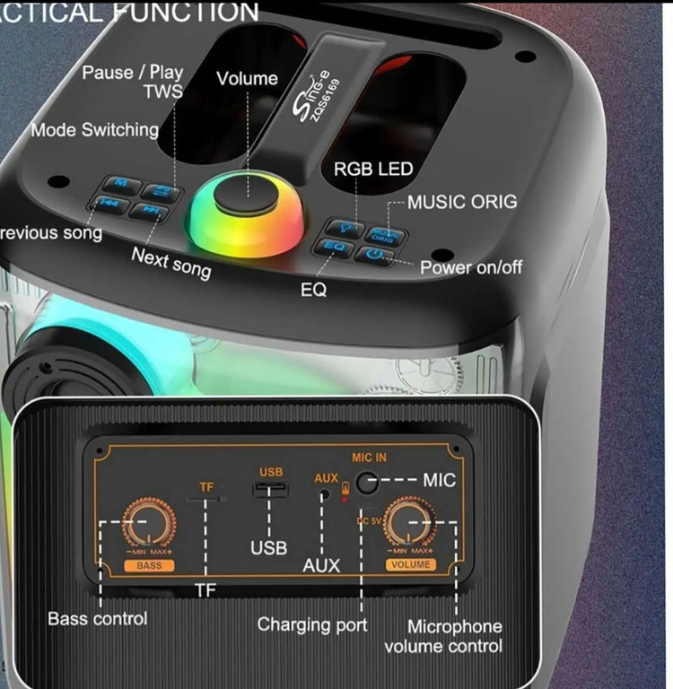 اسپیکر پارتی باکس بلوتوثی sing_e مدل ZQS_6169 با نور RGB و میکروفون وایرلس(ارسال رایگان